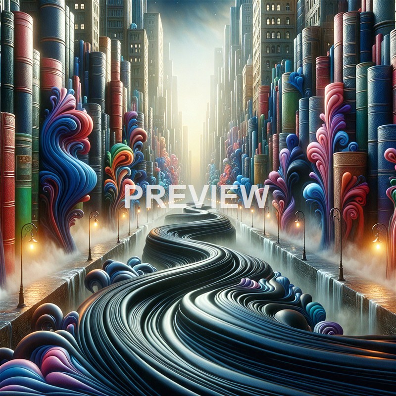 A fantastical cityscape with tall, book-shaped buildings and swirling, colorful, cloud-like formations along a winding river with street lamps, creating a surreal and vibrant urban environment.
